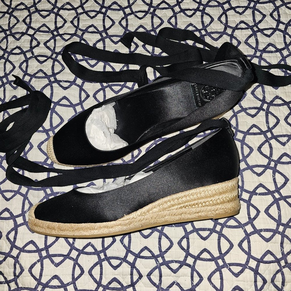 Tory Burch Black Espadrille Wedge Ribbon Tie Shoes